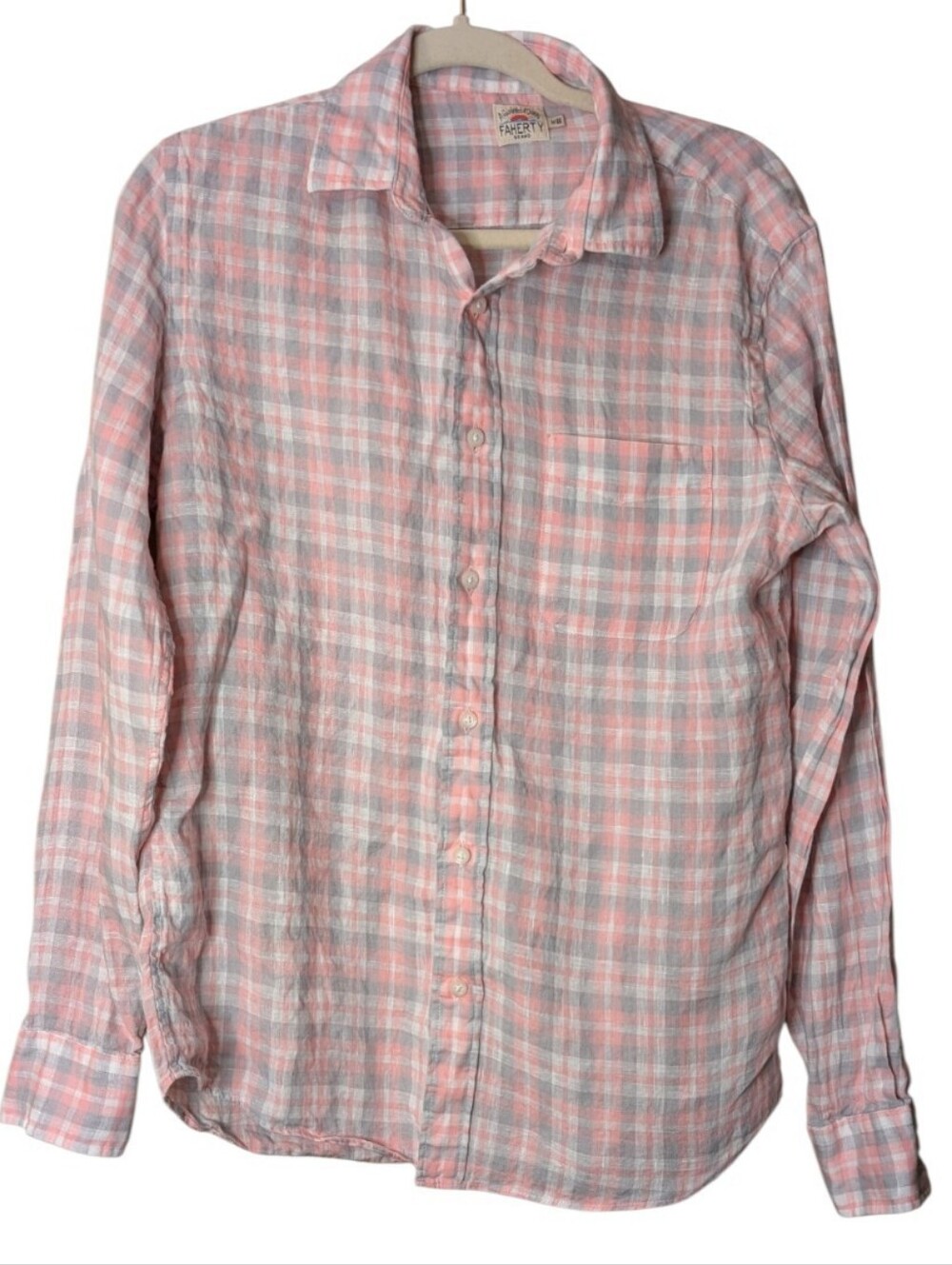 Faherty Men's Laguna 100% Linen Shirt - Pink Grey Plaid (MWU2221) size Medium